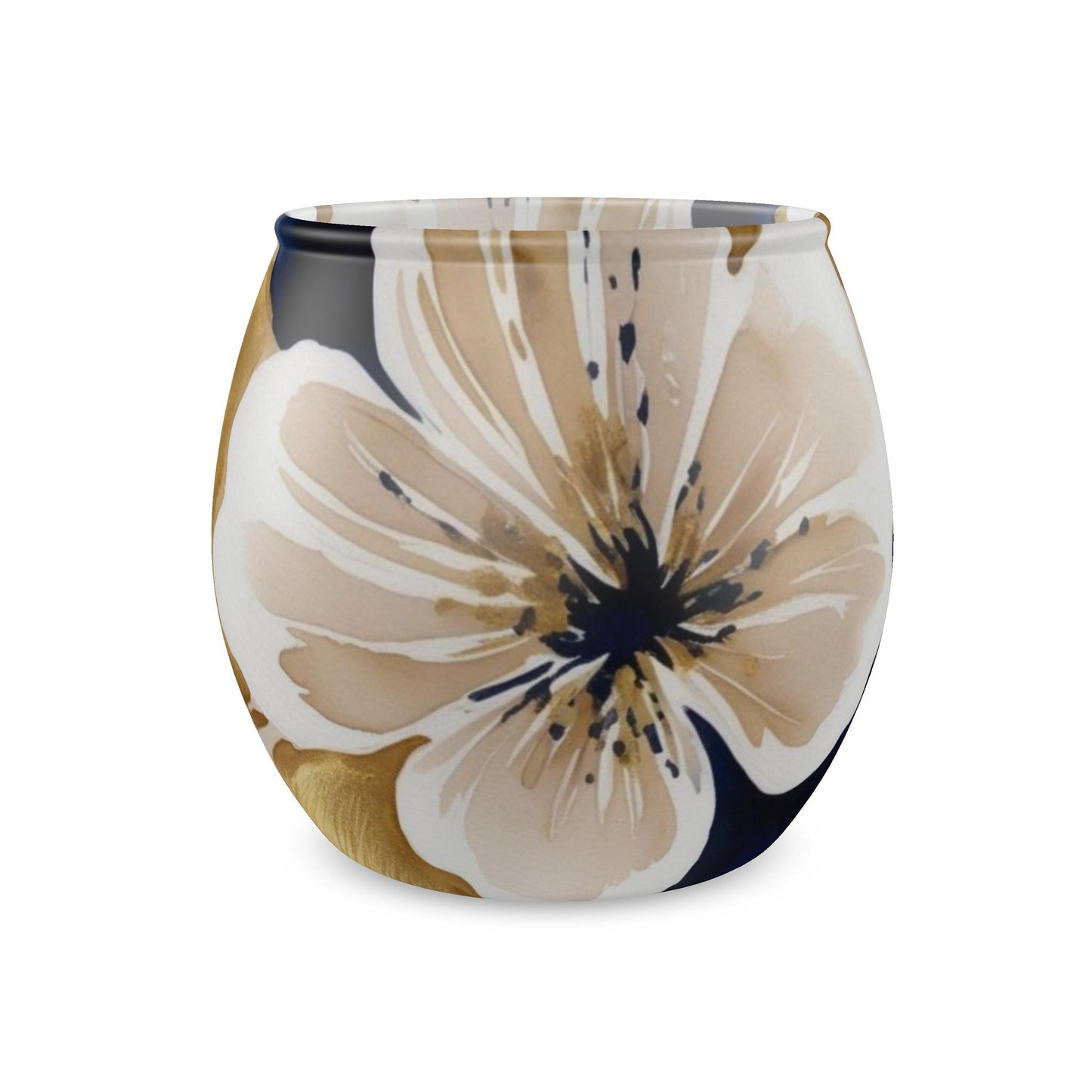 Floral Gold & Navy Glass Tealight Candle Holder