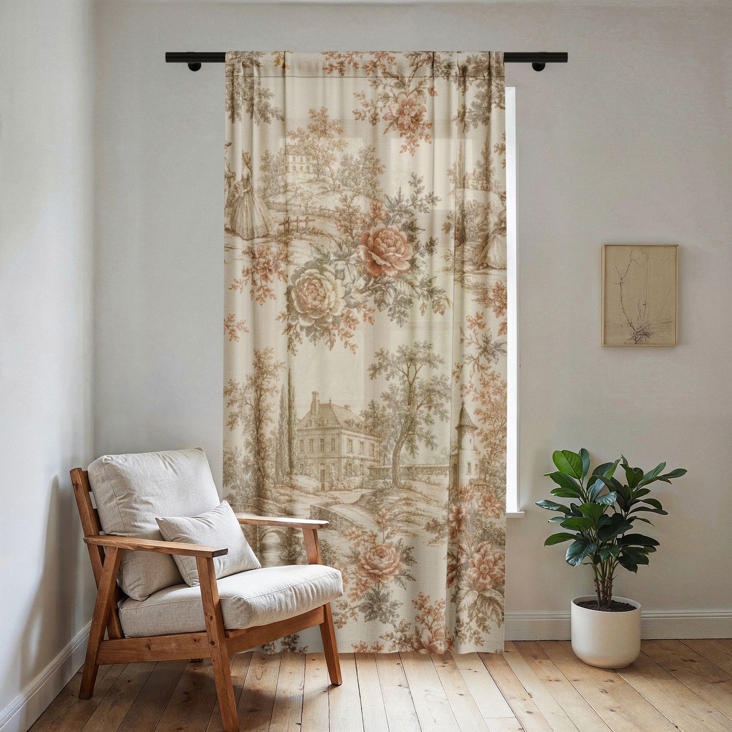 Château Rosé Sheer Curtain - Vintage Toile Floral Window Panel