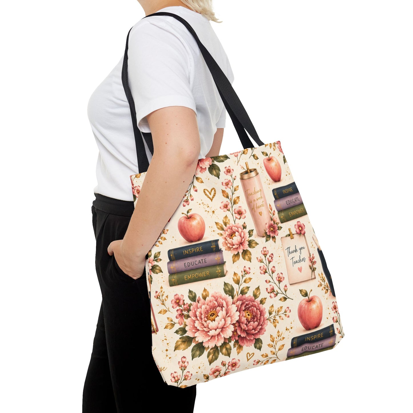 Teacher Appreciation Tote Bag - 'Thank You Teacher' Book & Apple Pattern