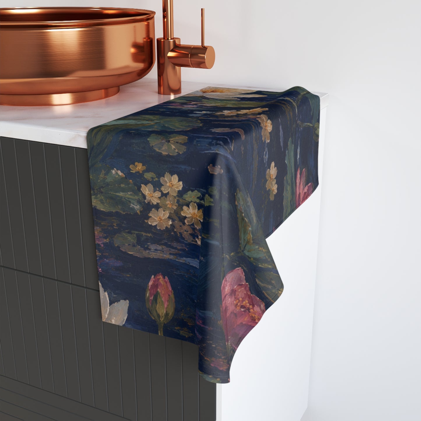 Dark Blue Lotus Pond Hand Towel - Cotton Kitchen & Bath Décor