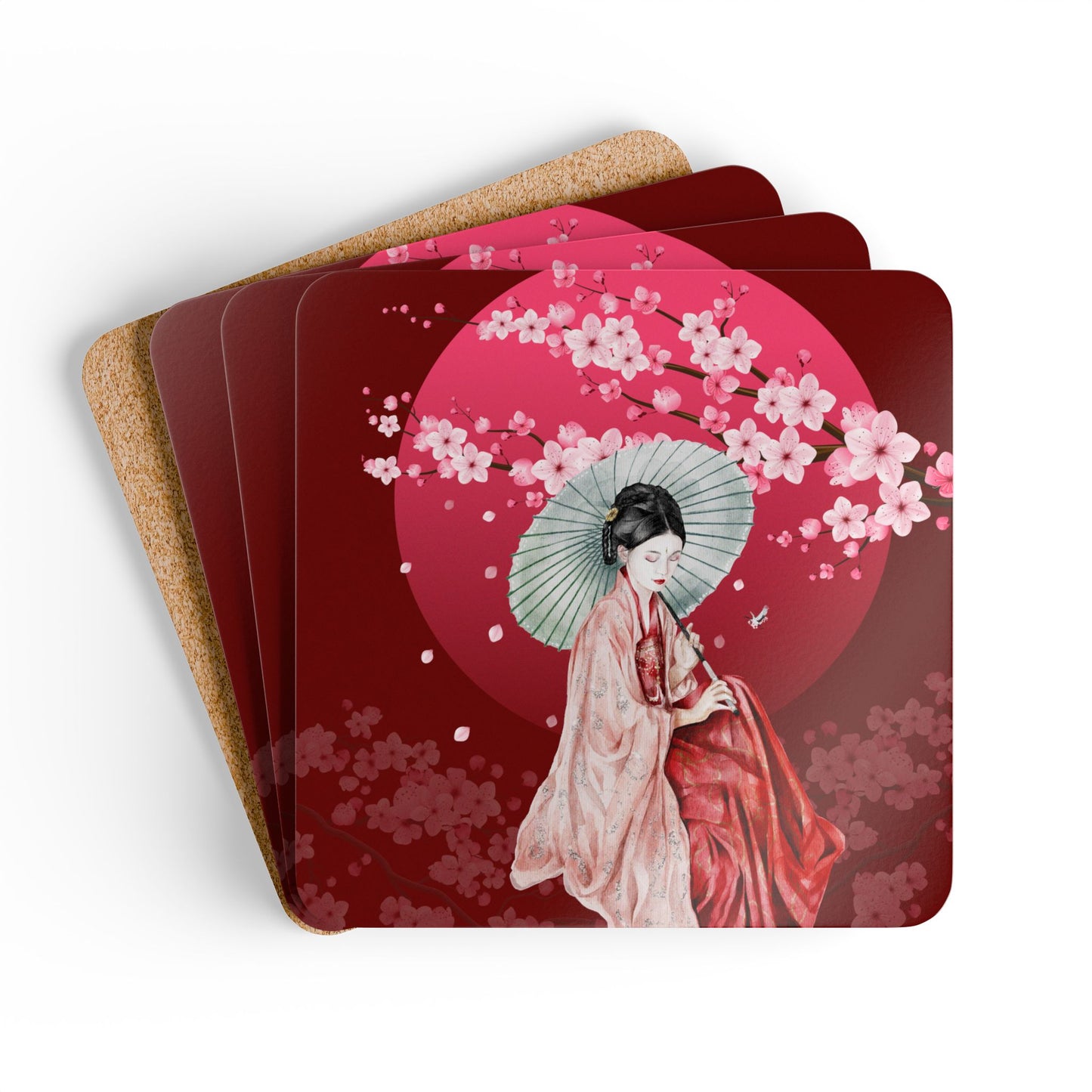 Cherry Blossoms Cherry Moon Corkwood Coaster Set