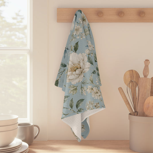 Blue Vintage Hydrangea & Peony Tea Towel — Microfiber Kitchen Towel with Pattern