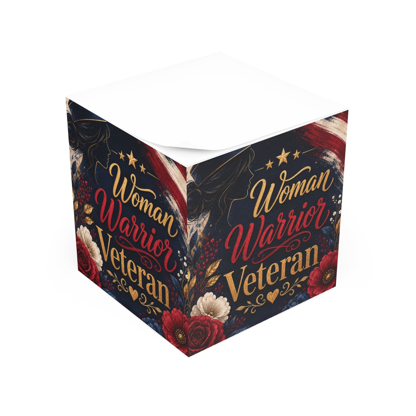 Woman Warrior Veteran Note Cube — Patriotic Sticky Note Block