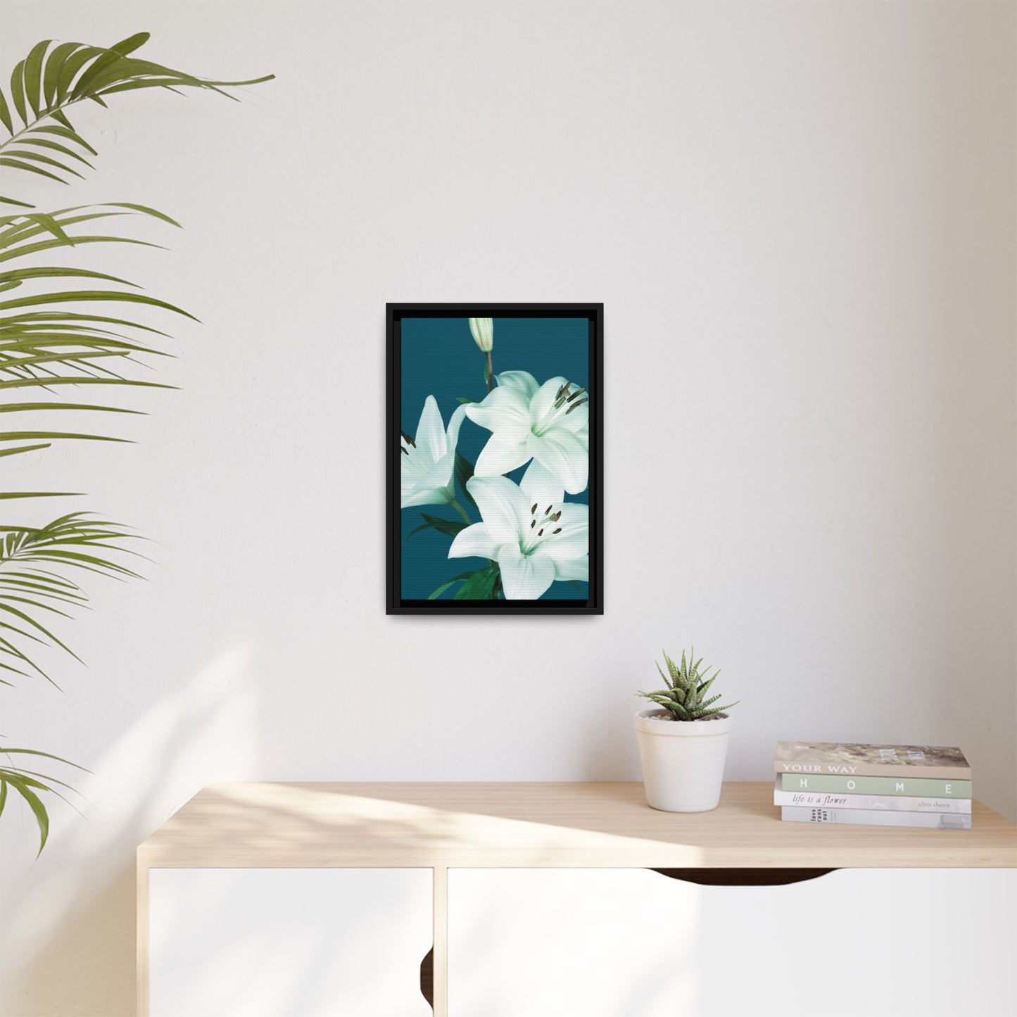 Teal Wave White Lily Botanical Framed Canvas Print