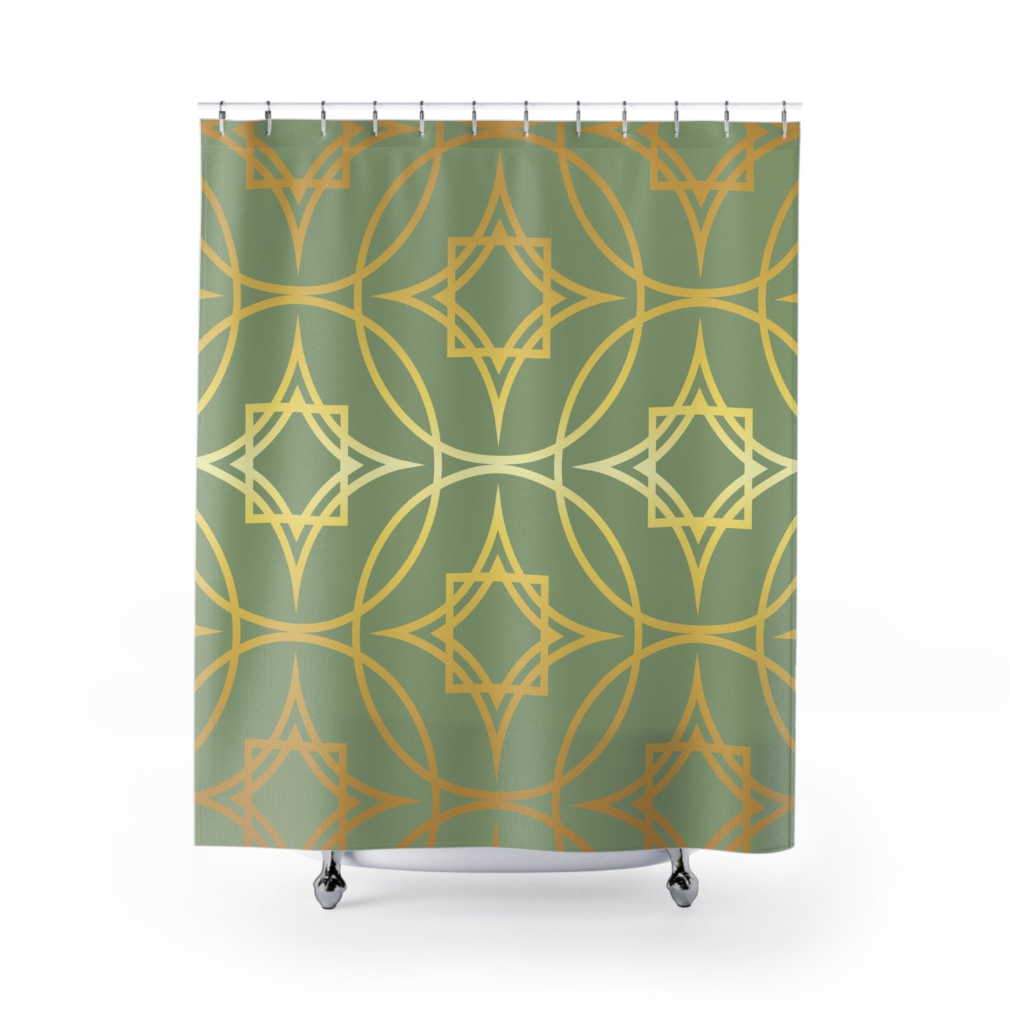Gilded Geometric Shower Curtain — Sage Green & Gold Bath Décor