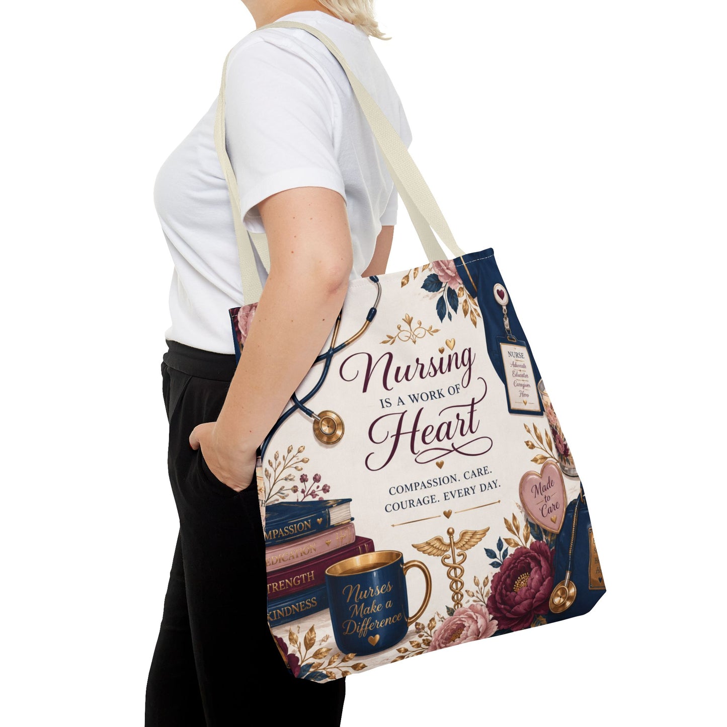 Nursing Is a Work of Heart Tote Bag – Floral Nurse Appreciation Gift