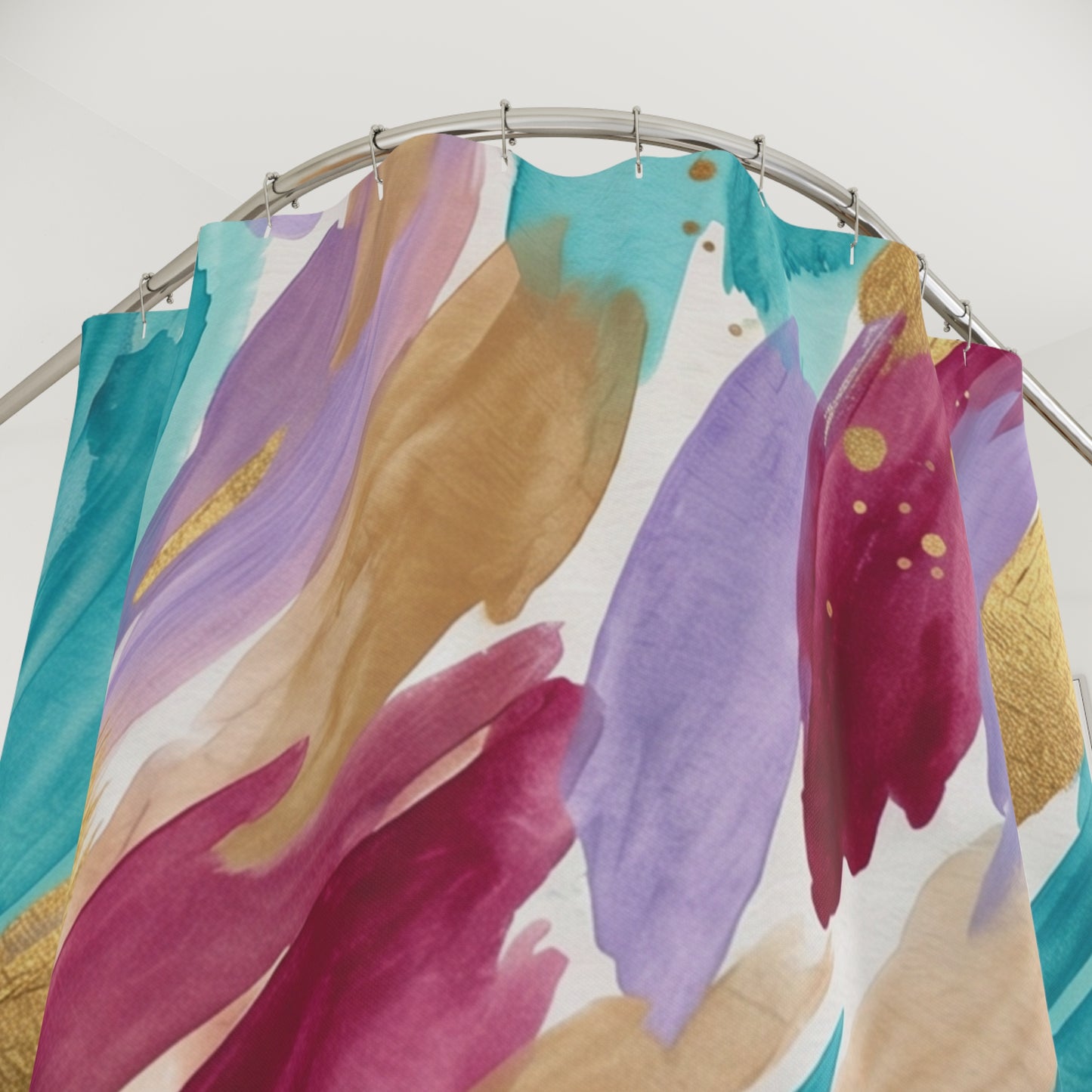 Abstract Watercolor Brushstroke Shower Curtain — Turquoise, Gold & Berry Bath Decor
