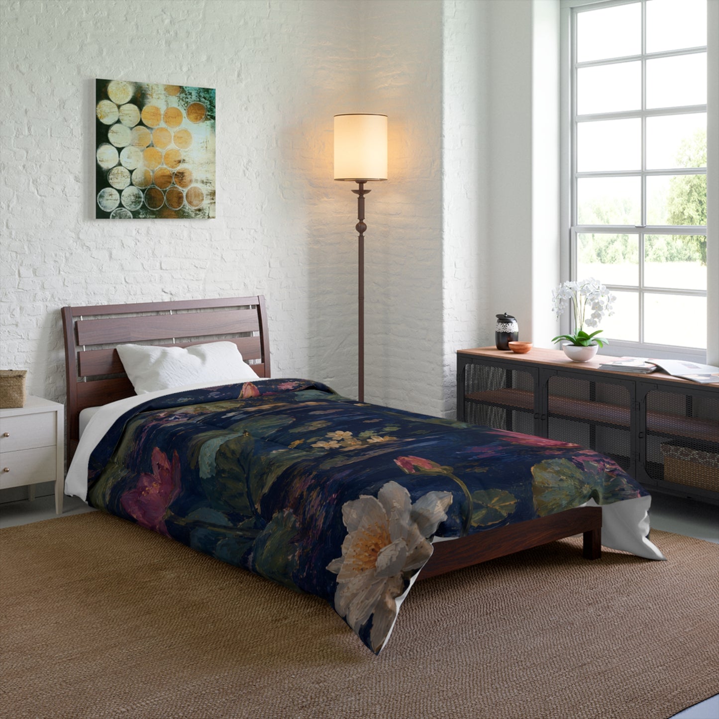 Dark Blue Lotus Pond - Floral Bedspread