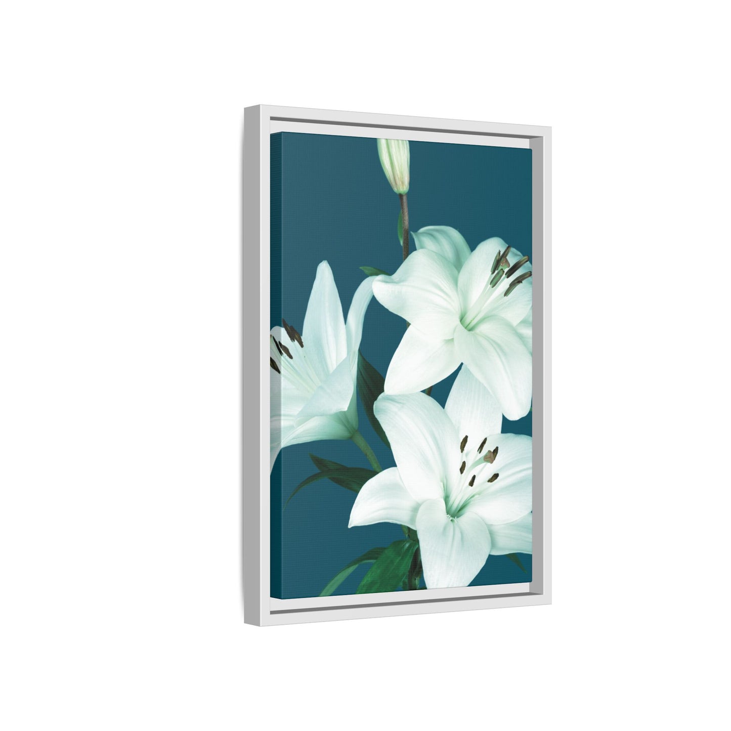 Teal Wave White Lily Botanical Framed Canvas Print