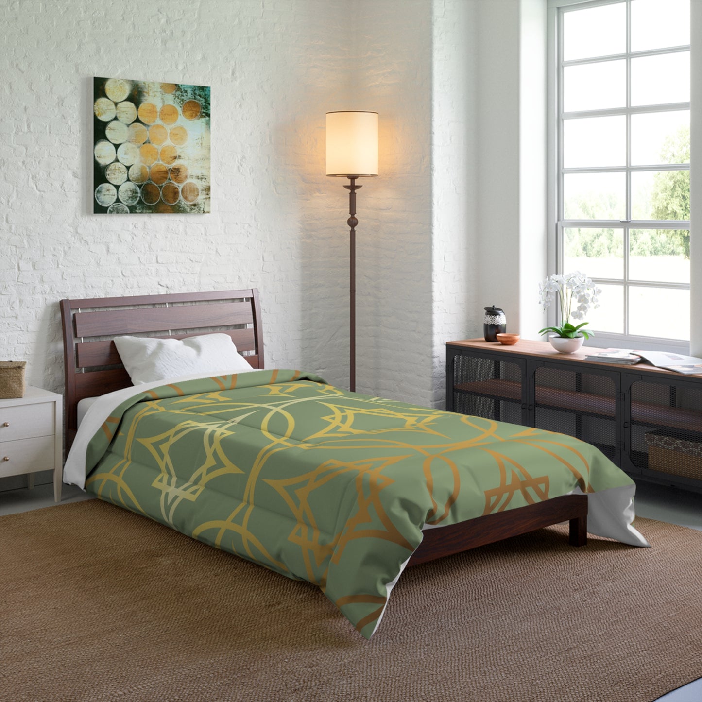 Gilded Geometric Star Pattern Comforter - Sage Green & Gold Bedding