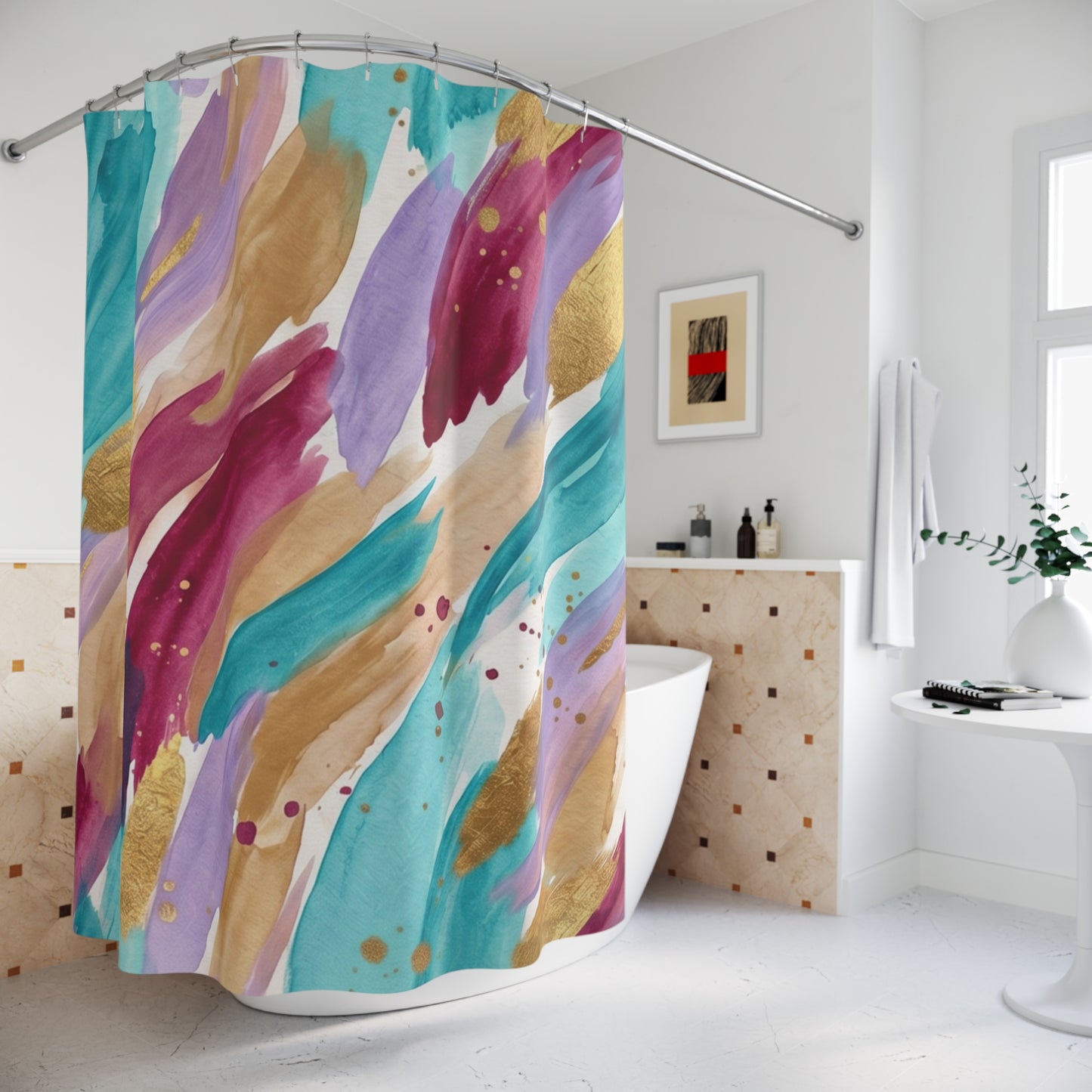 Abstract Watercolor Brushstroke Shower Curtain — Turquoise, Gold & Berry Bath Decor