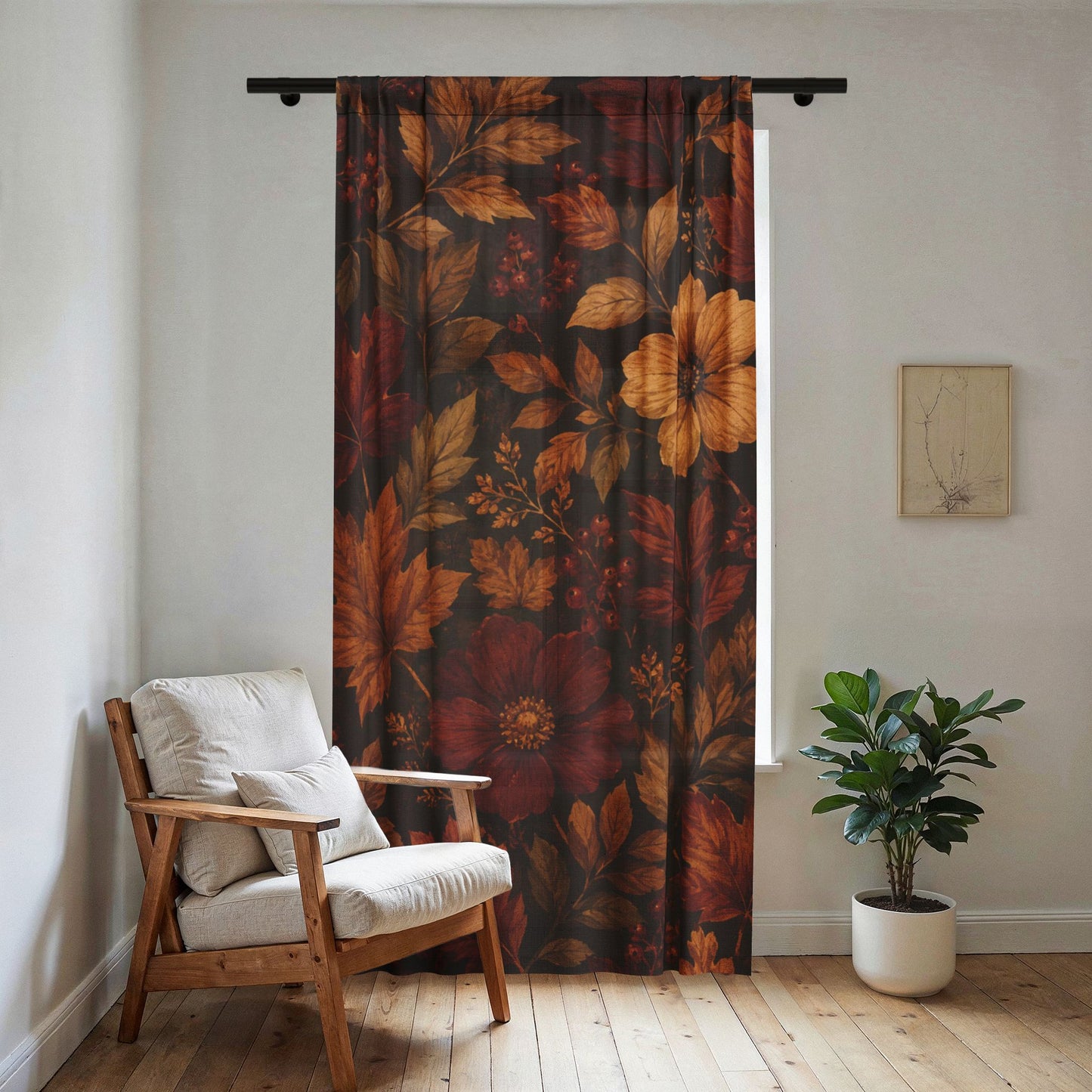 Rustic Fall Sheer Curtain — Warm Fall Floral Window Drapes