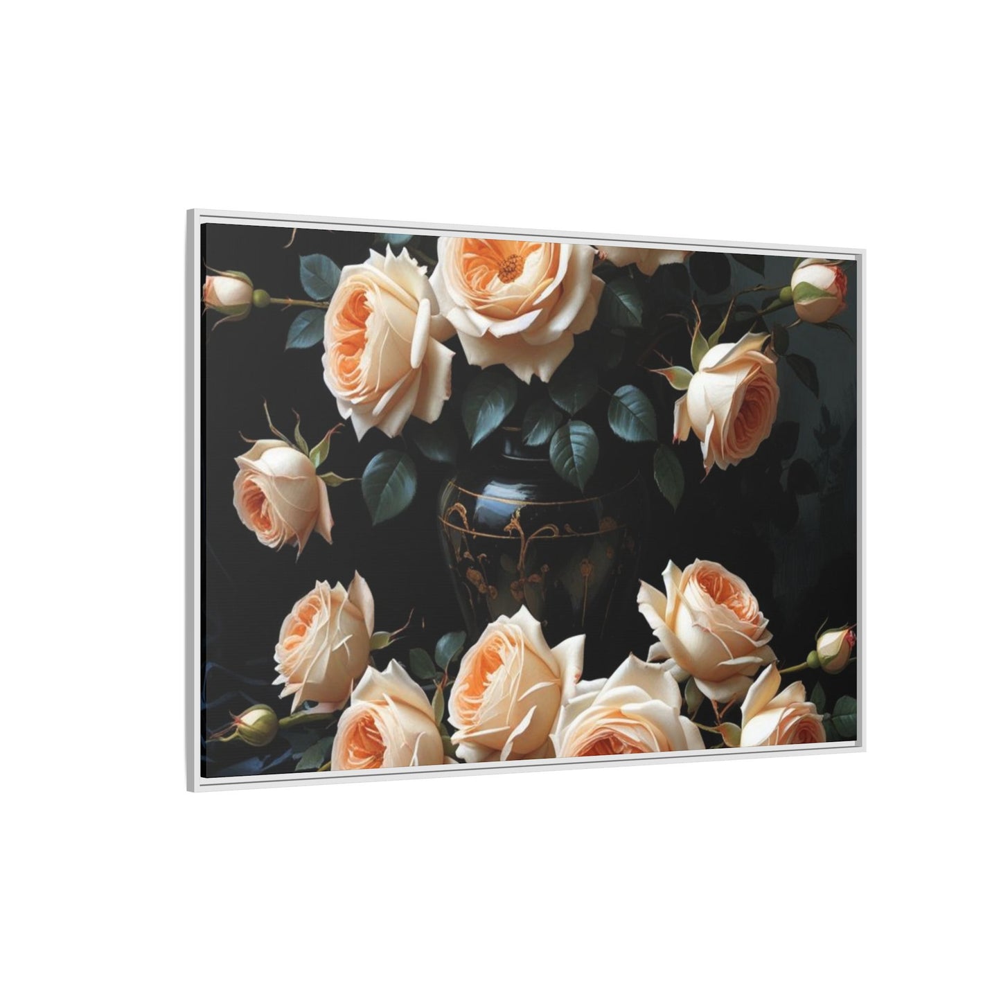 Peach Roses in Black Vase Floral Framed Matte Canvas Print