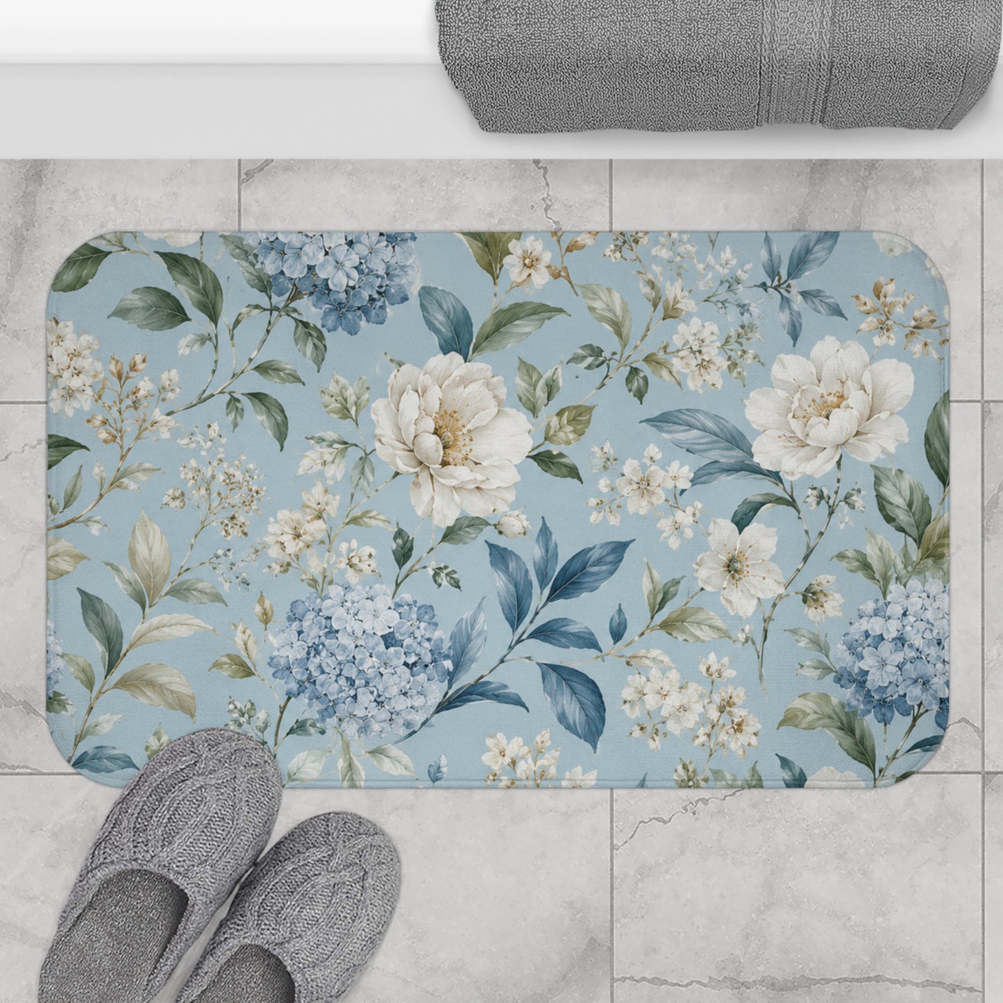 Blue Vintage Hydrangea & Peony Bathroom Rug