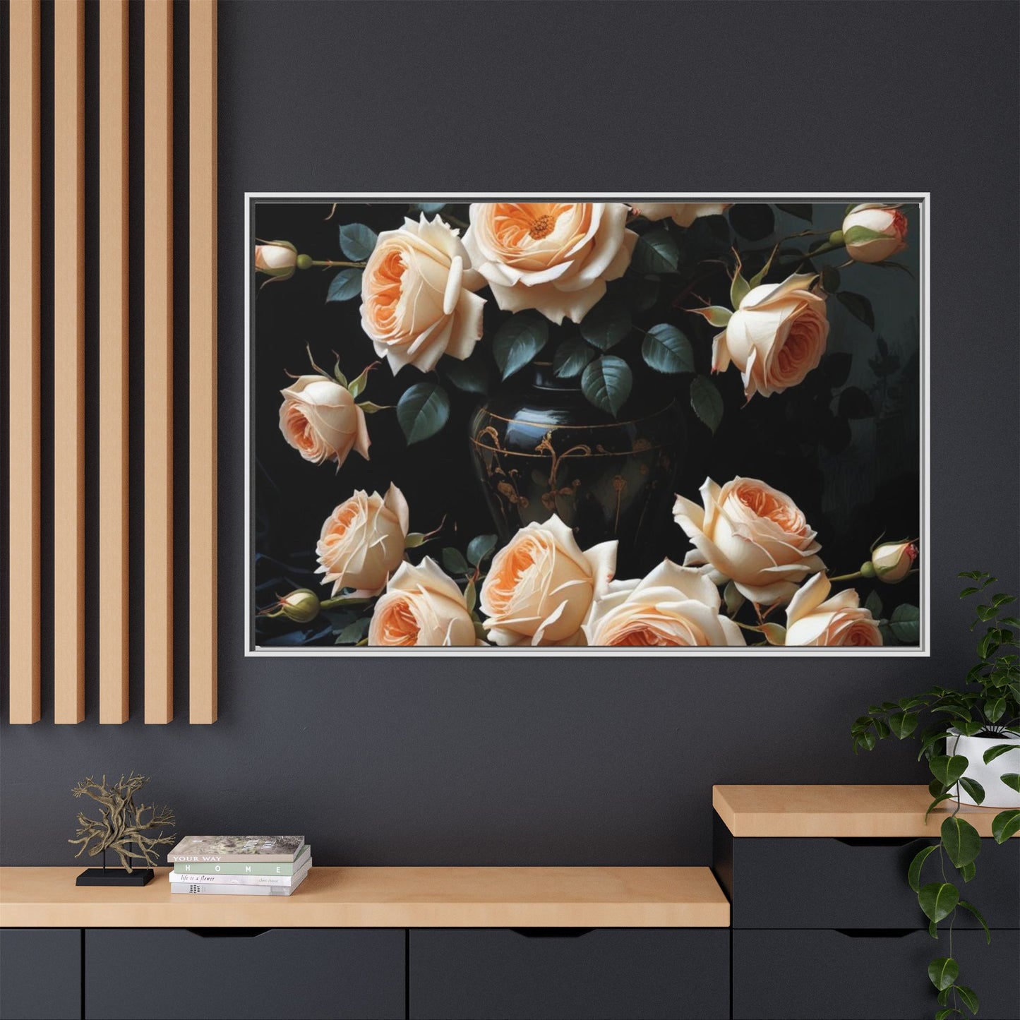 Peach Roses in Black Vase Floral Framed Matte Canvas Print