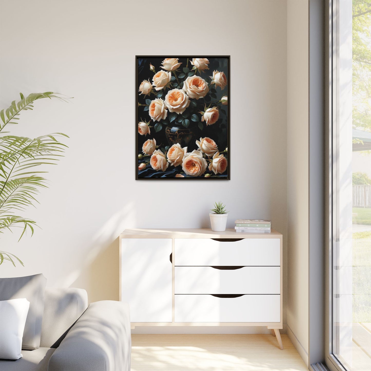 Peach Roses in Black Vase Floral Framed Matte Canvas Print