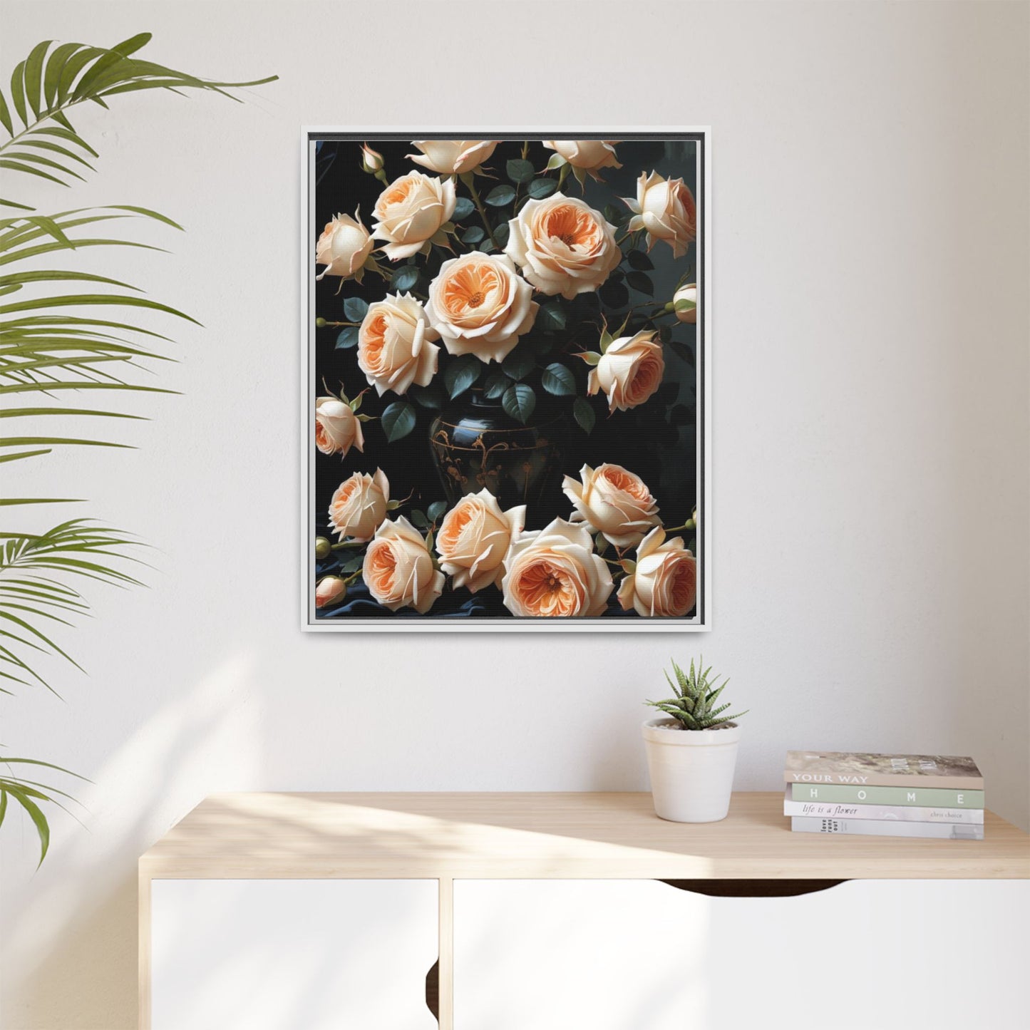 Peach Roses in Black Vase Floral Framed Matte Canvas Print