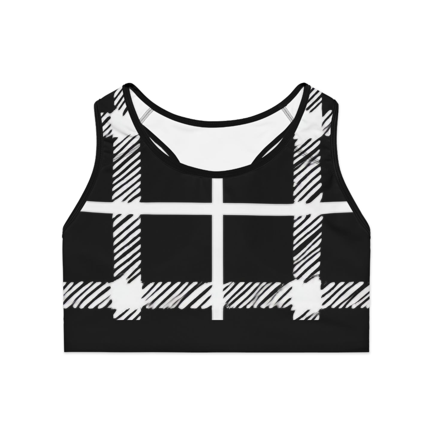 Black/White Plaid Sports Bra (AOP)