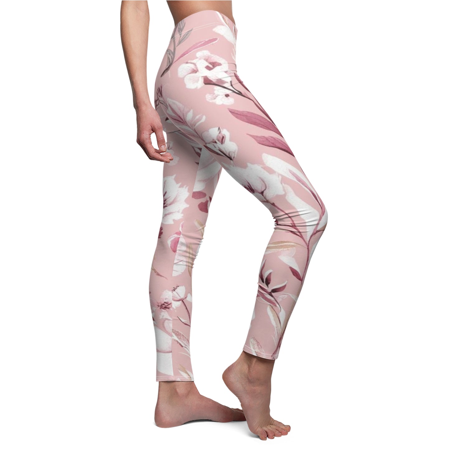 Pink & White Floral Women's Cut & Sew Casual Leggings (AOP)