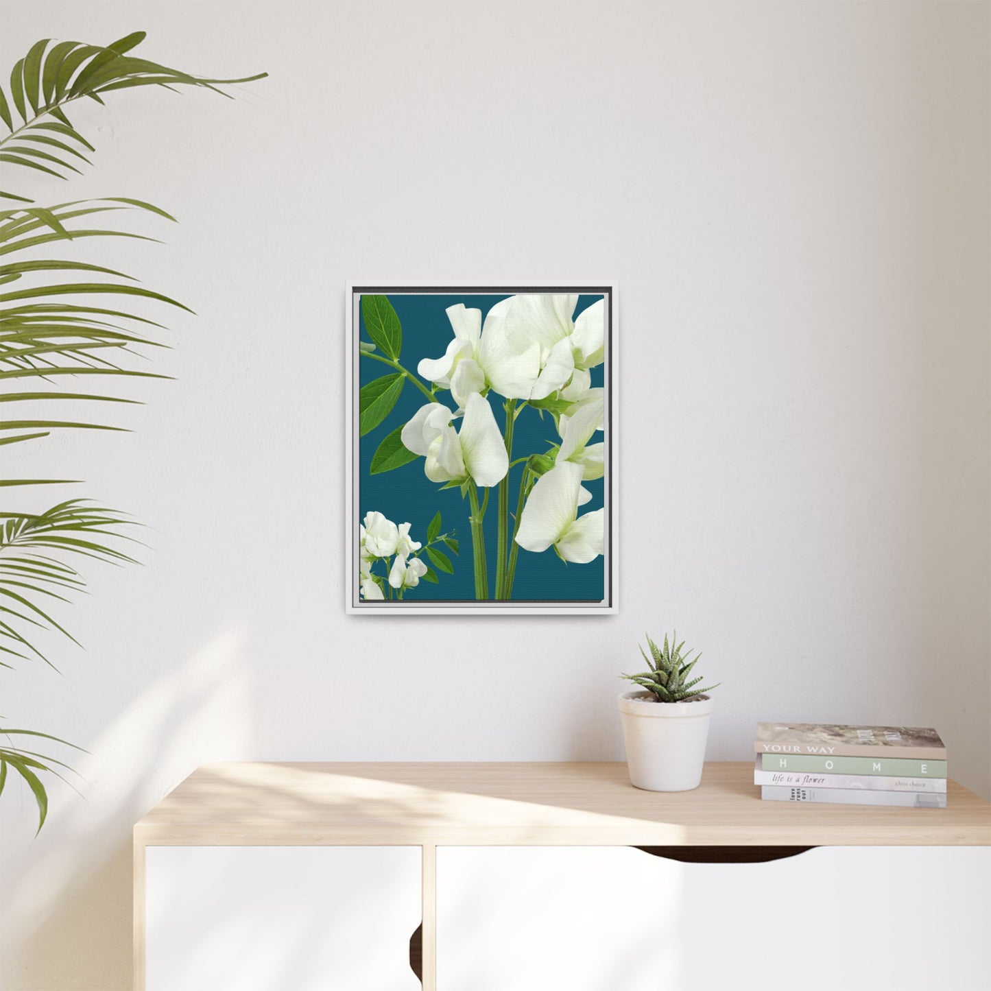 Teal Wave Matching Framed White Sweet Pea Floral Matte Canvas Print