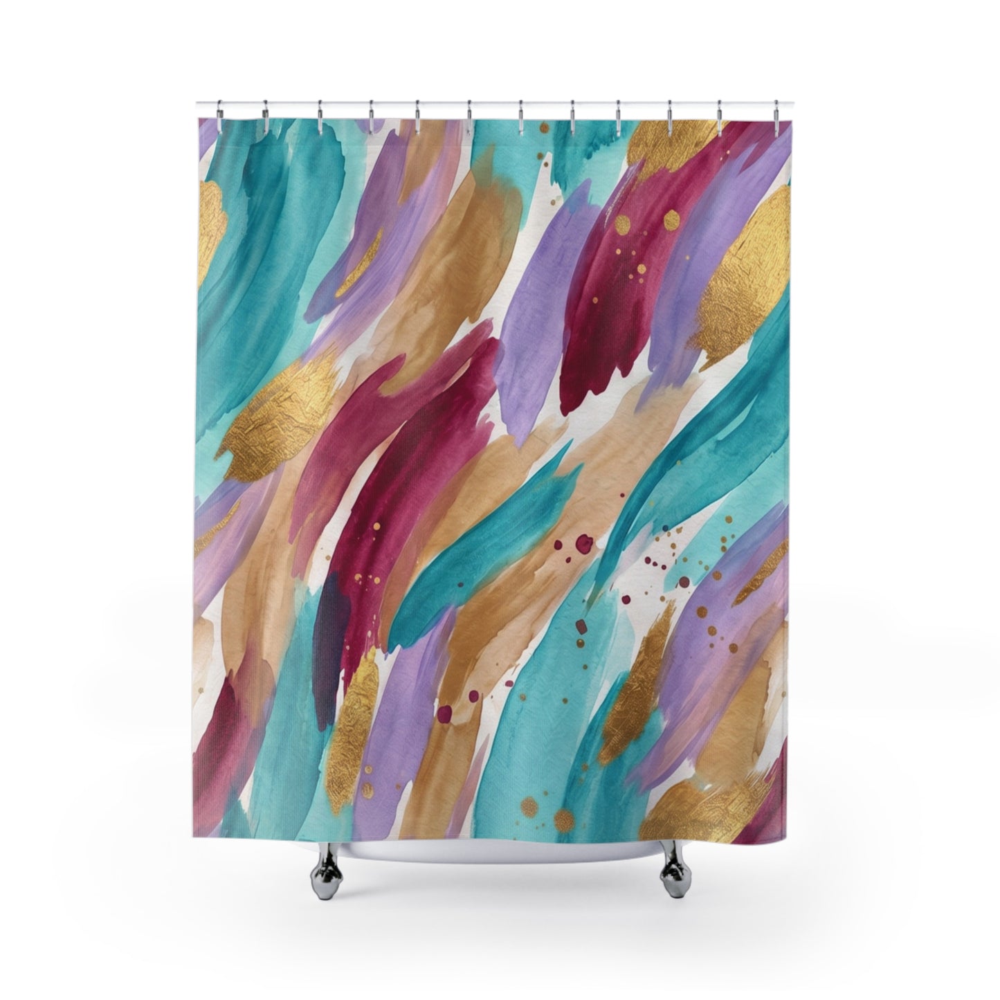 Abstract Watercolor Brushstroke Shower Curtain — Turquoise, Gold & Berry Bath Decor