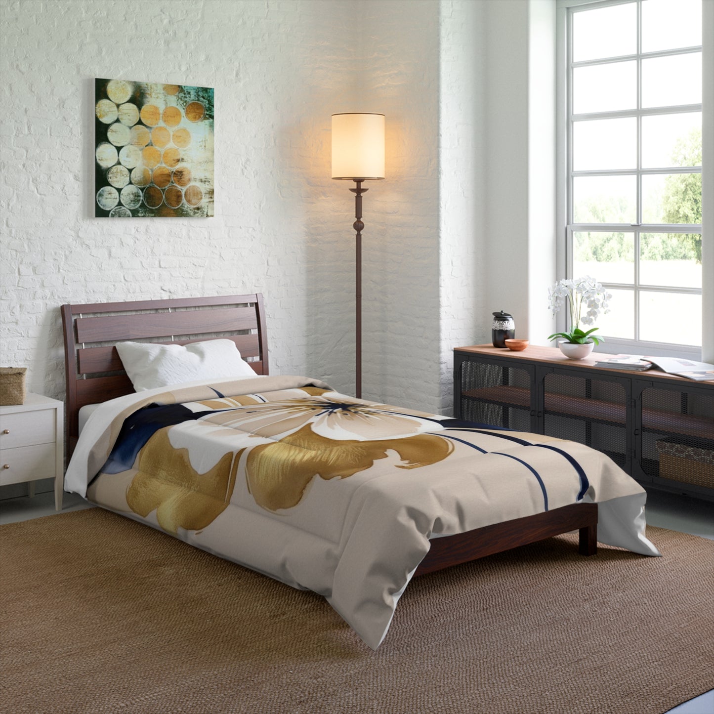 Floral Gold & Navy Comforter – Large Watercolor Blossom Bedding