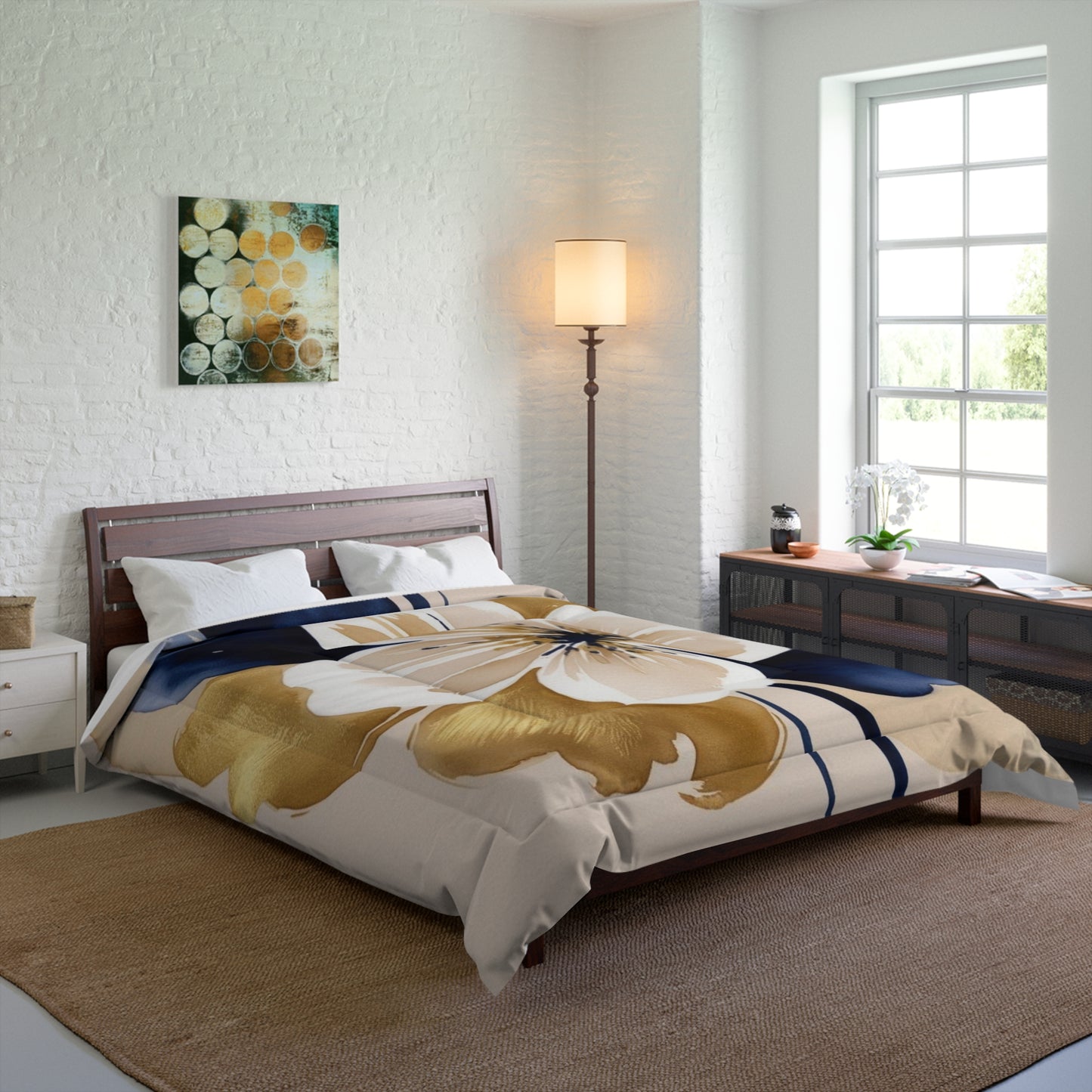 Floral Gold & Navy Comforter – Large Watercolor Blossom Bedding