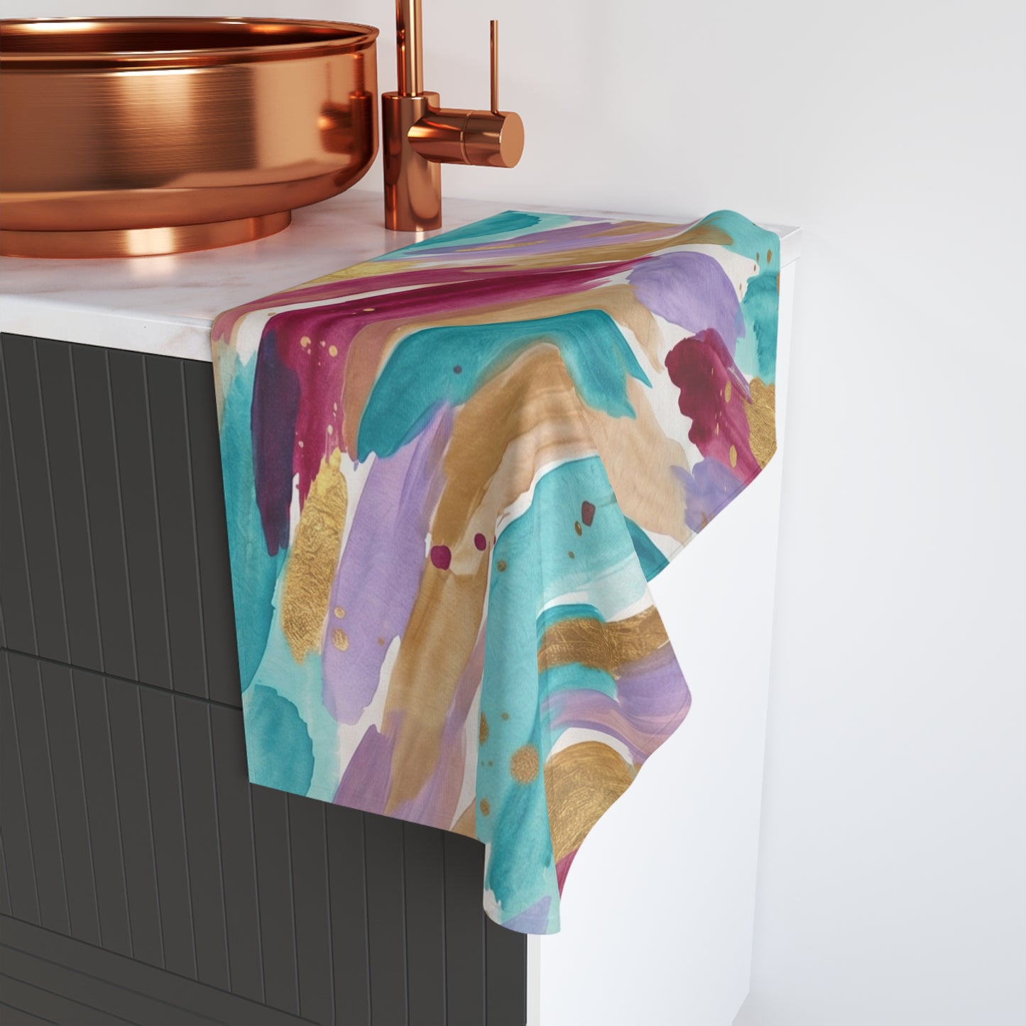 Abstract Watercolor Brushstroke Hand Towel — Teal, Plum & Gold Accent Kitchen Towel