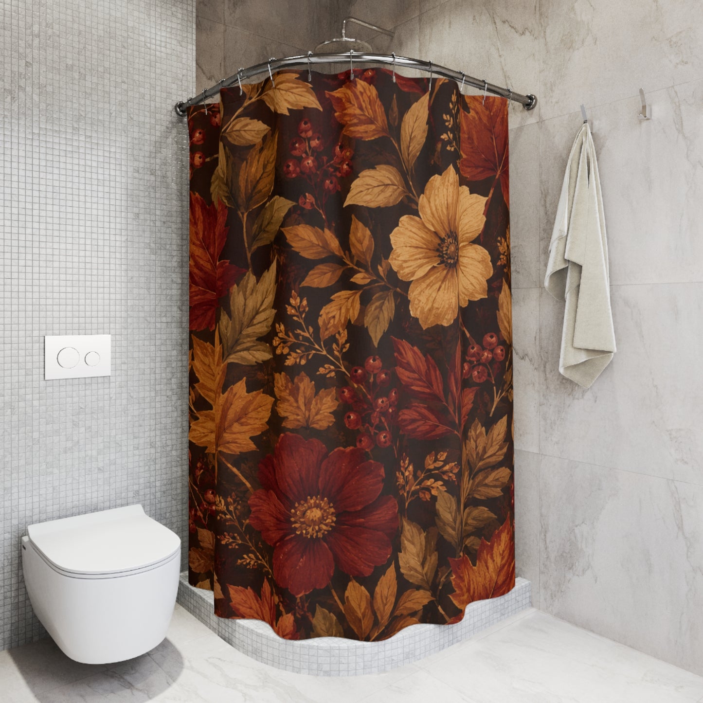 Rustic Fall Shower Curtain — Fall Leaves & Flowers Bathroom Decor