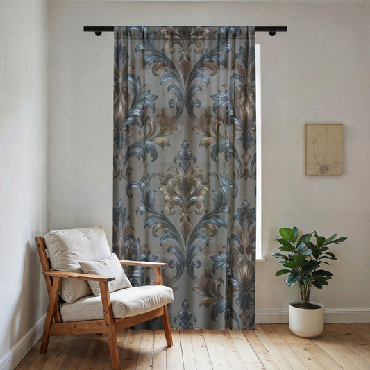 Elegant Blue Gray Damask Motif Sheer Panel for Living Room, Bedroom