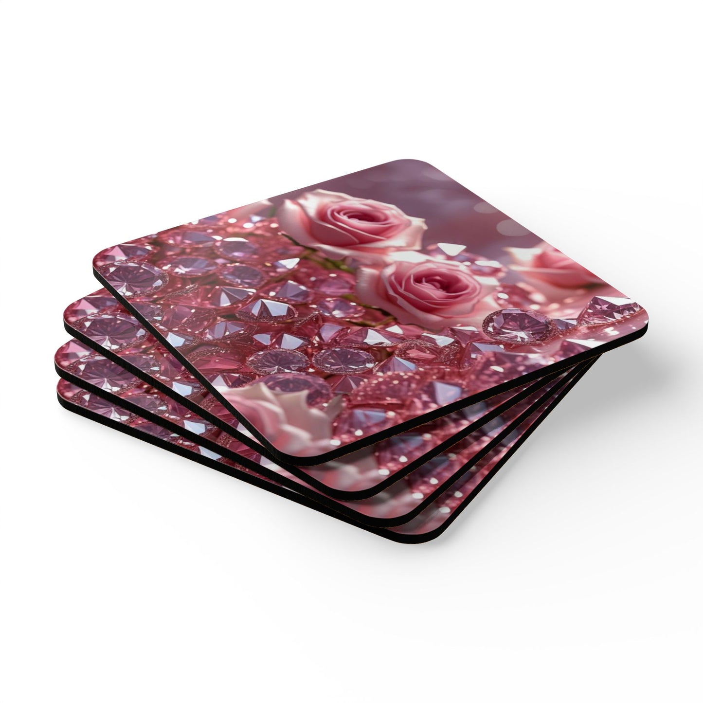 Pink Diamonds & Petals Corkwood Coaster Set