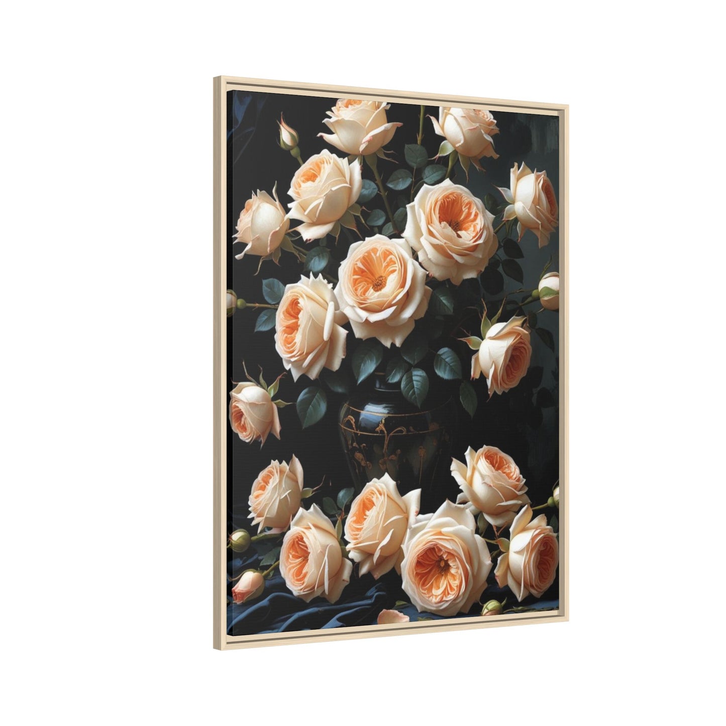 Peach Roses in Black Vase Floral Framed Matte Canvas Print