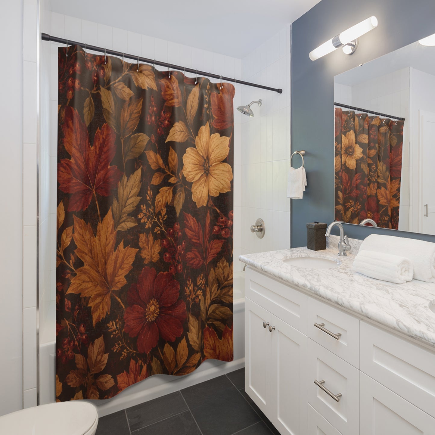 Rustic Fall Shower Curtain — Fall Leaves & Flowers Bathroom Decor