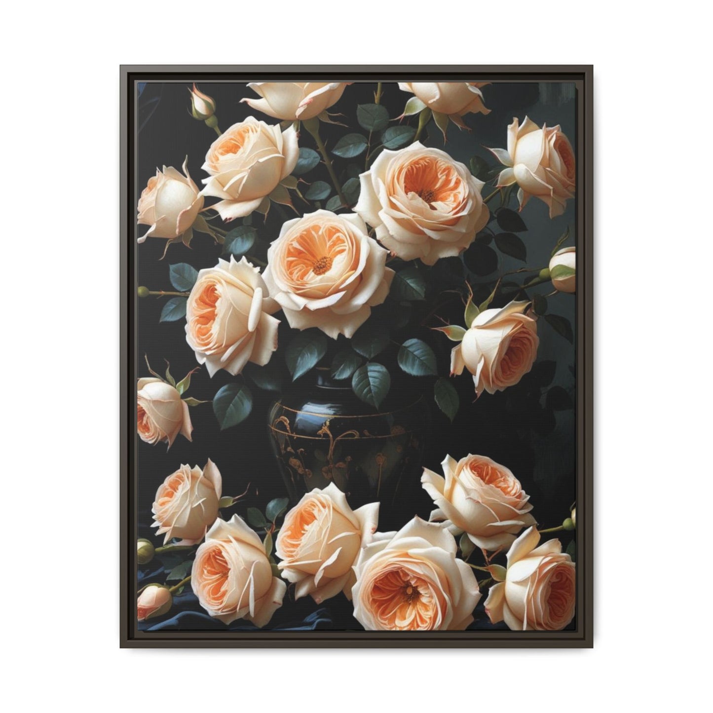 Peach Roses in Black Vase Floral Framed Matte Canvas Print