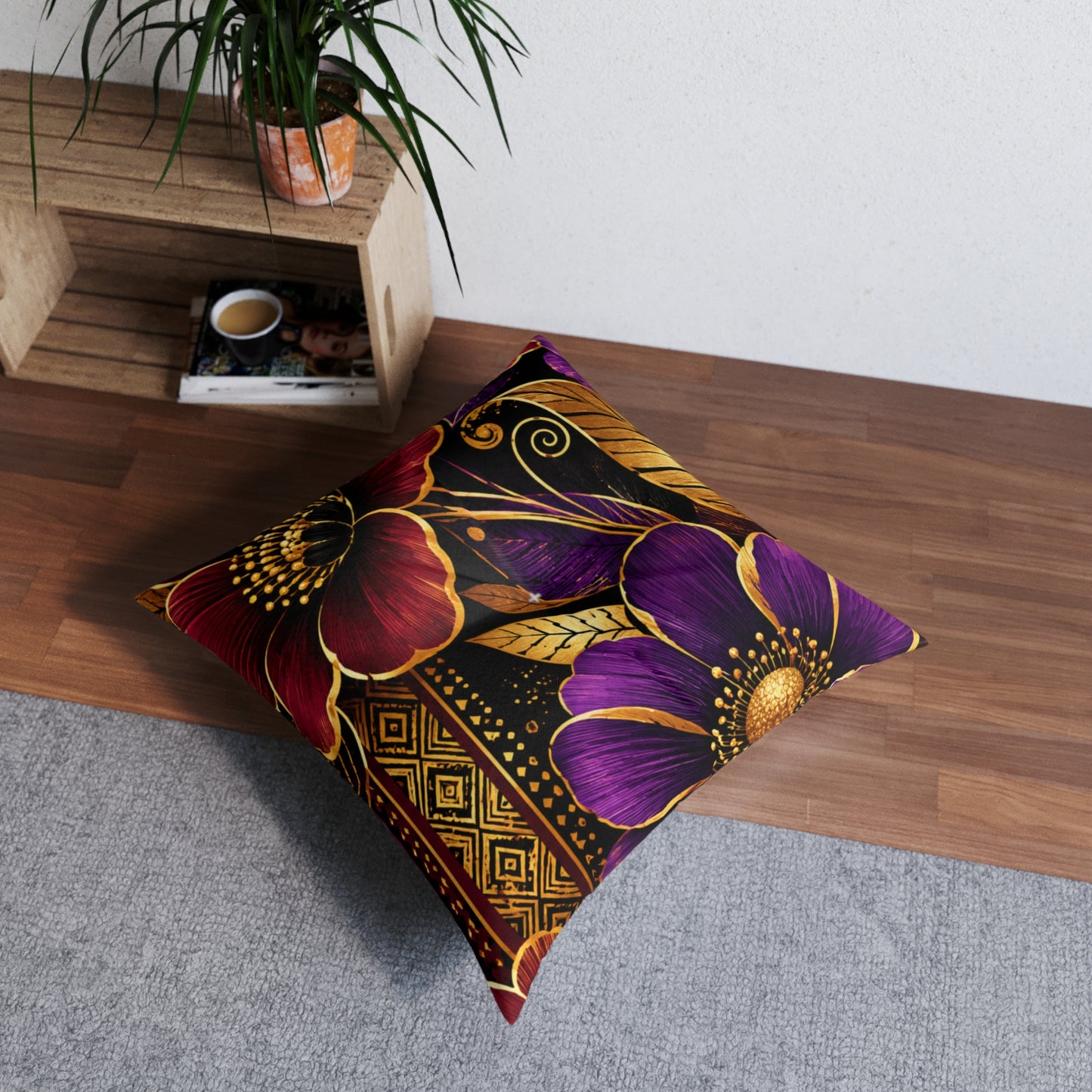 Zuri Garden Tufted Floor Pillow — Purple & Gold Decorative Cushion