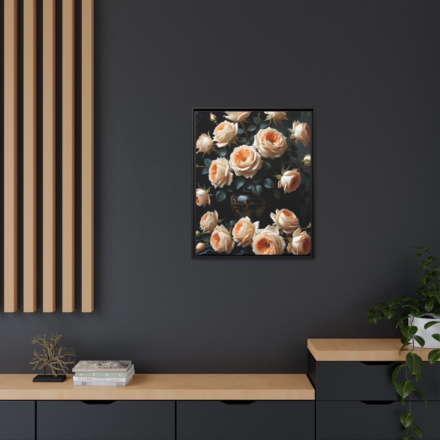 Peach Roses in Black Vase Floral Framed Matte Canvas Print