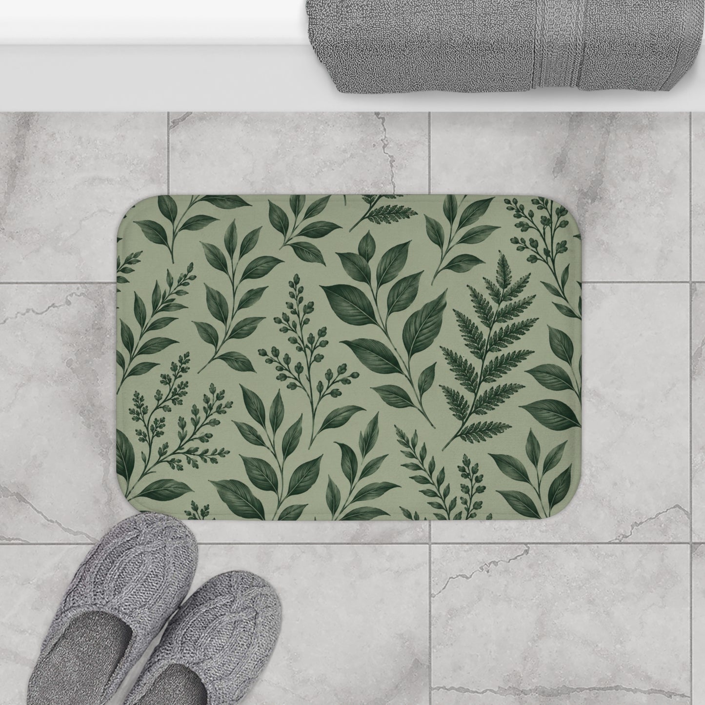 Botanical Green Leaf Bath Mat — Fern Pattern Bathroom Rug