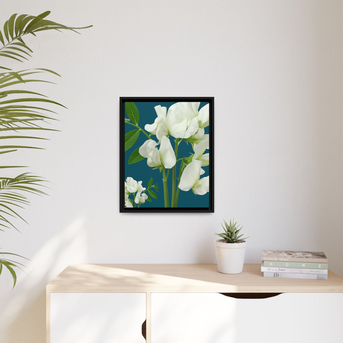 Framed White Sweet Pea Floral Matte Canvas Print
