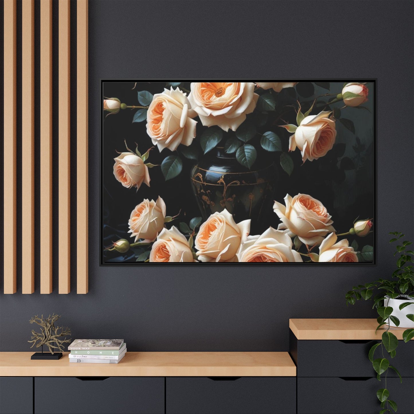 Peach Roses in Black Vase Floral Framed Matte Canvas Print