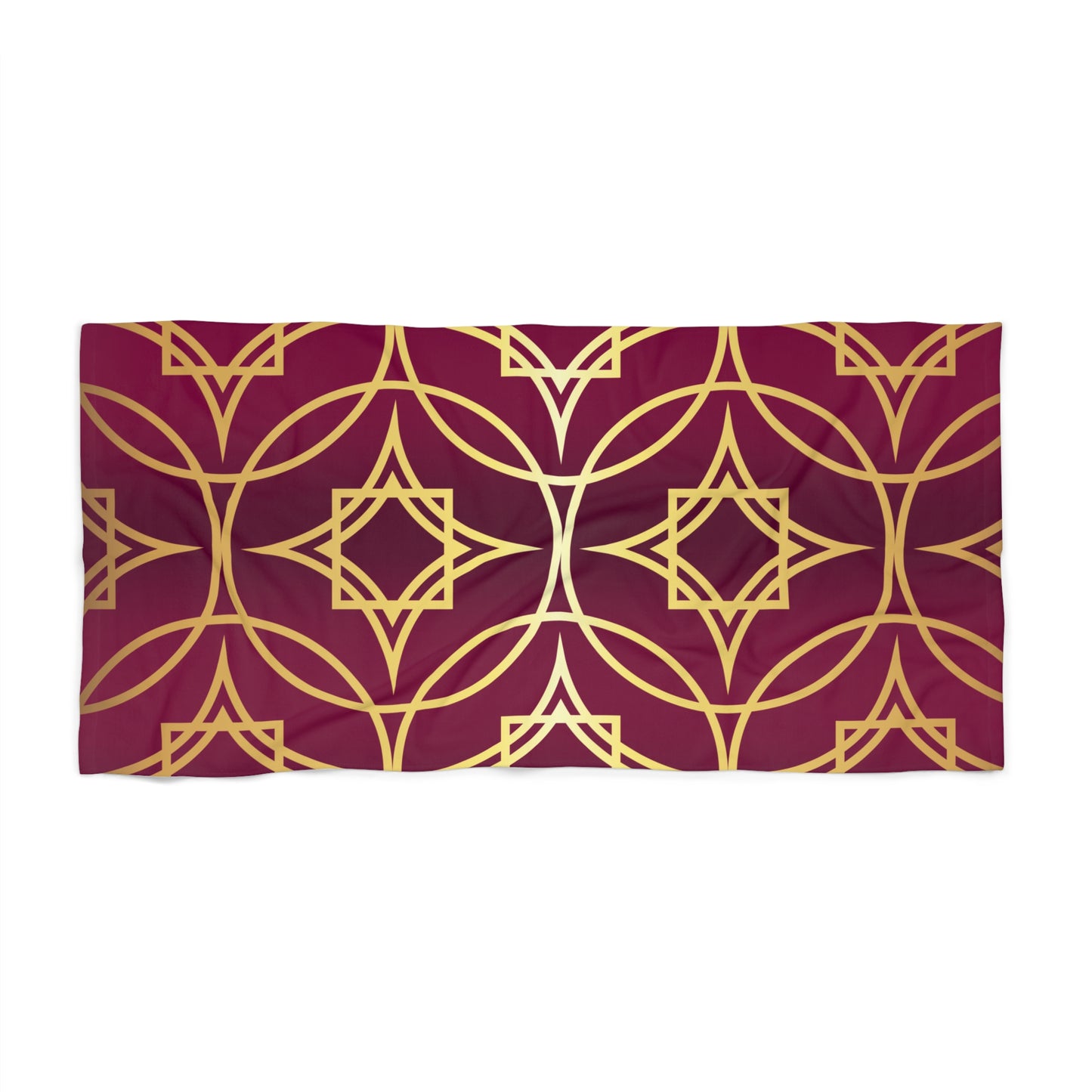 Gilded Geometric Beach Towel — Burgundy & Gold Moroccan Pattern
