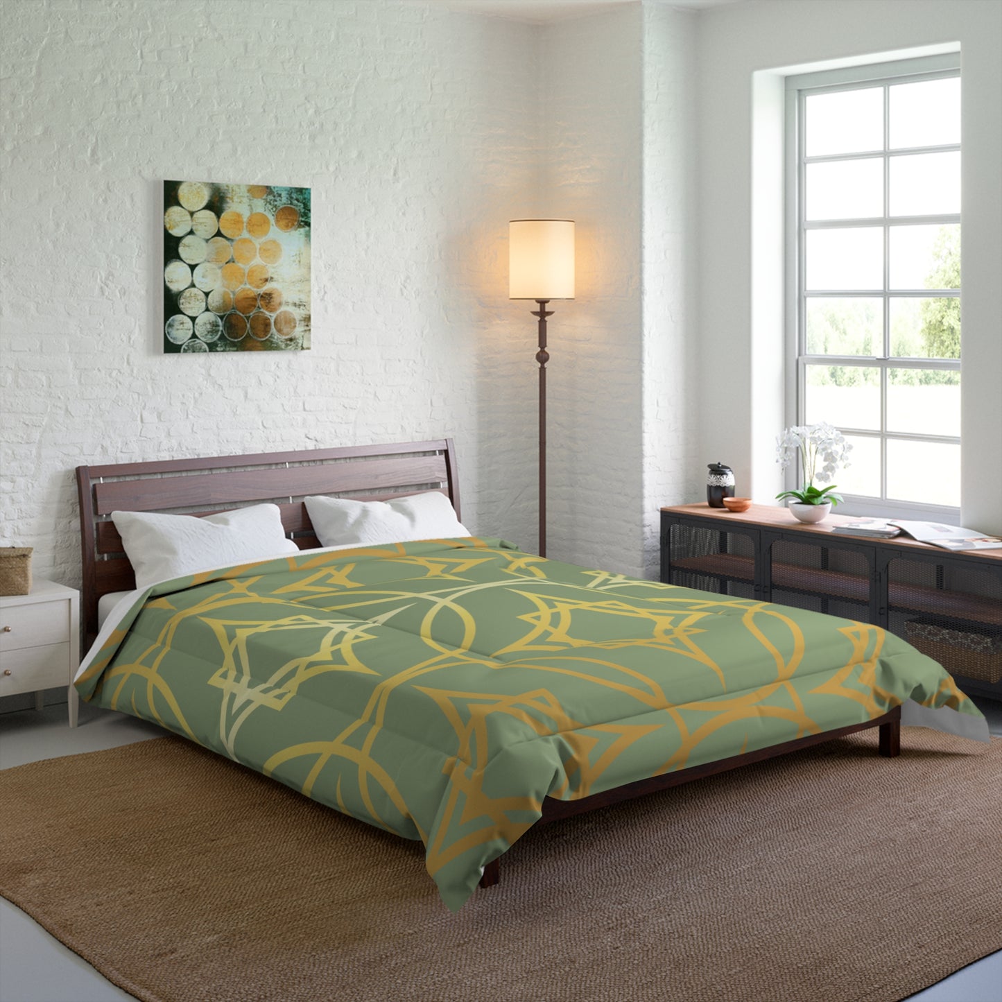 Gilded Geometric Star Pattern Comforter - Sage Green & Gold Bedding