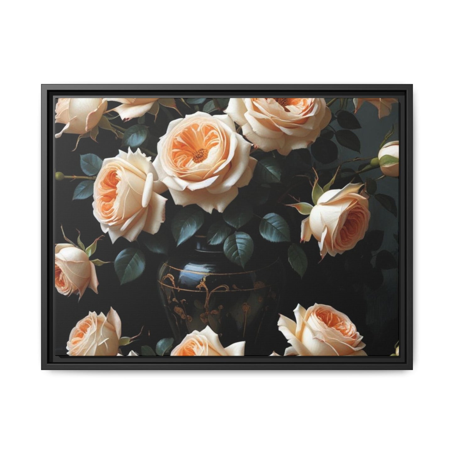 Peach Roses in Black Vase Floral Framed Matte Canvas Print