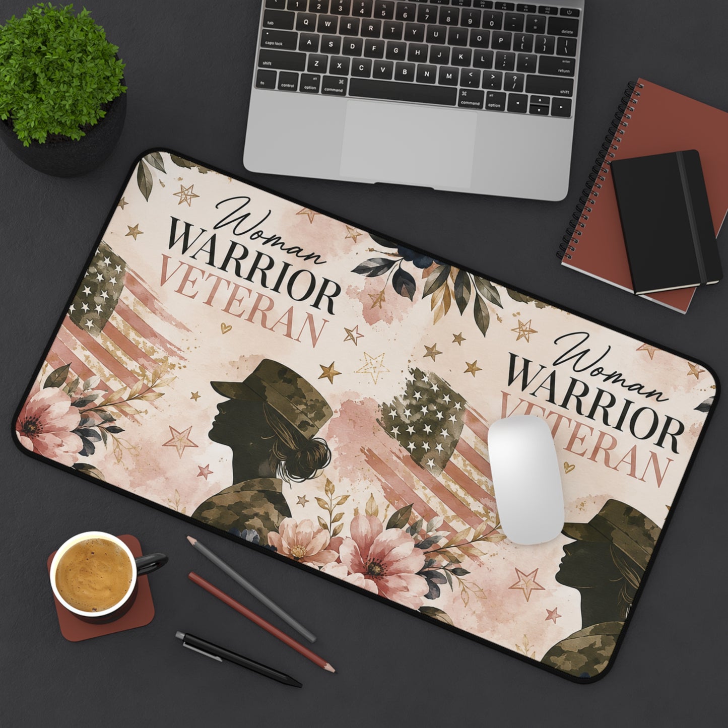 Woman Warrior Veteran Desk Mat — Feminine Patriotic Military Mouse Pad
