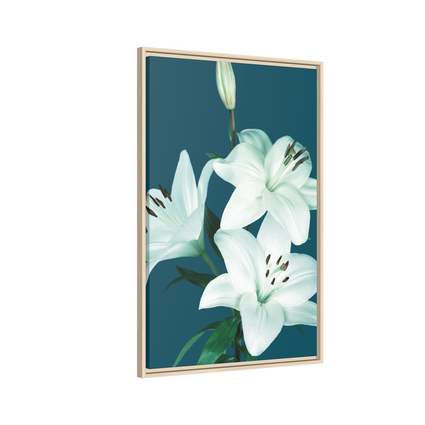 Teal Wave White Lily Botanical Framed Canvas Print