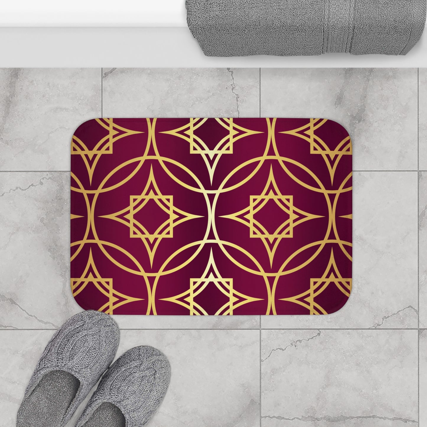 Gilded Geometric Bath Mat — Burgundy Moroccan Pattern