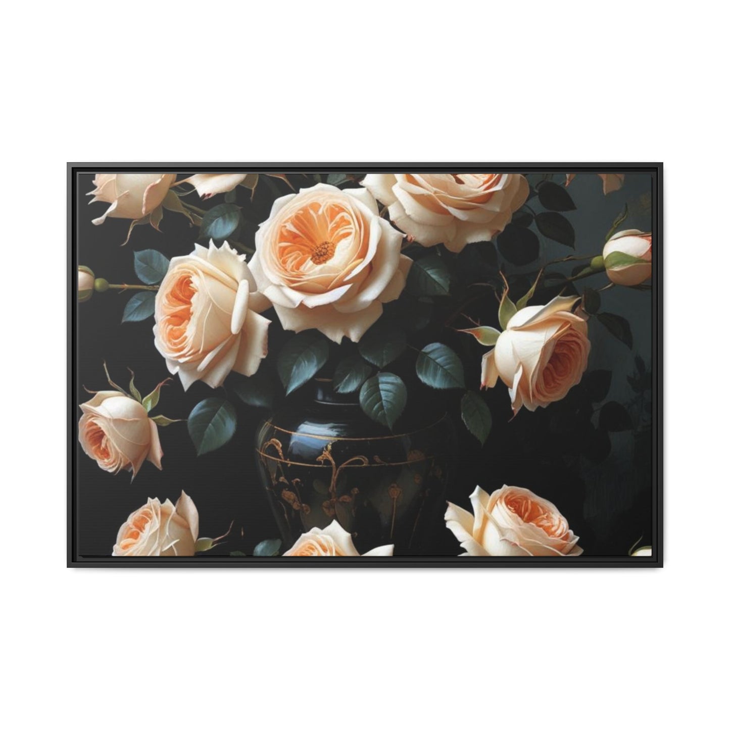 Peach Roses in Black Vase Floral Framed Matte Canvas Print