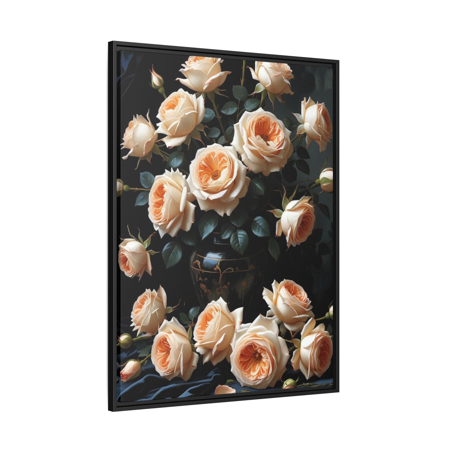 Peach Roses in Black Vase Floral Framed Matte Canvas Print