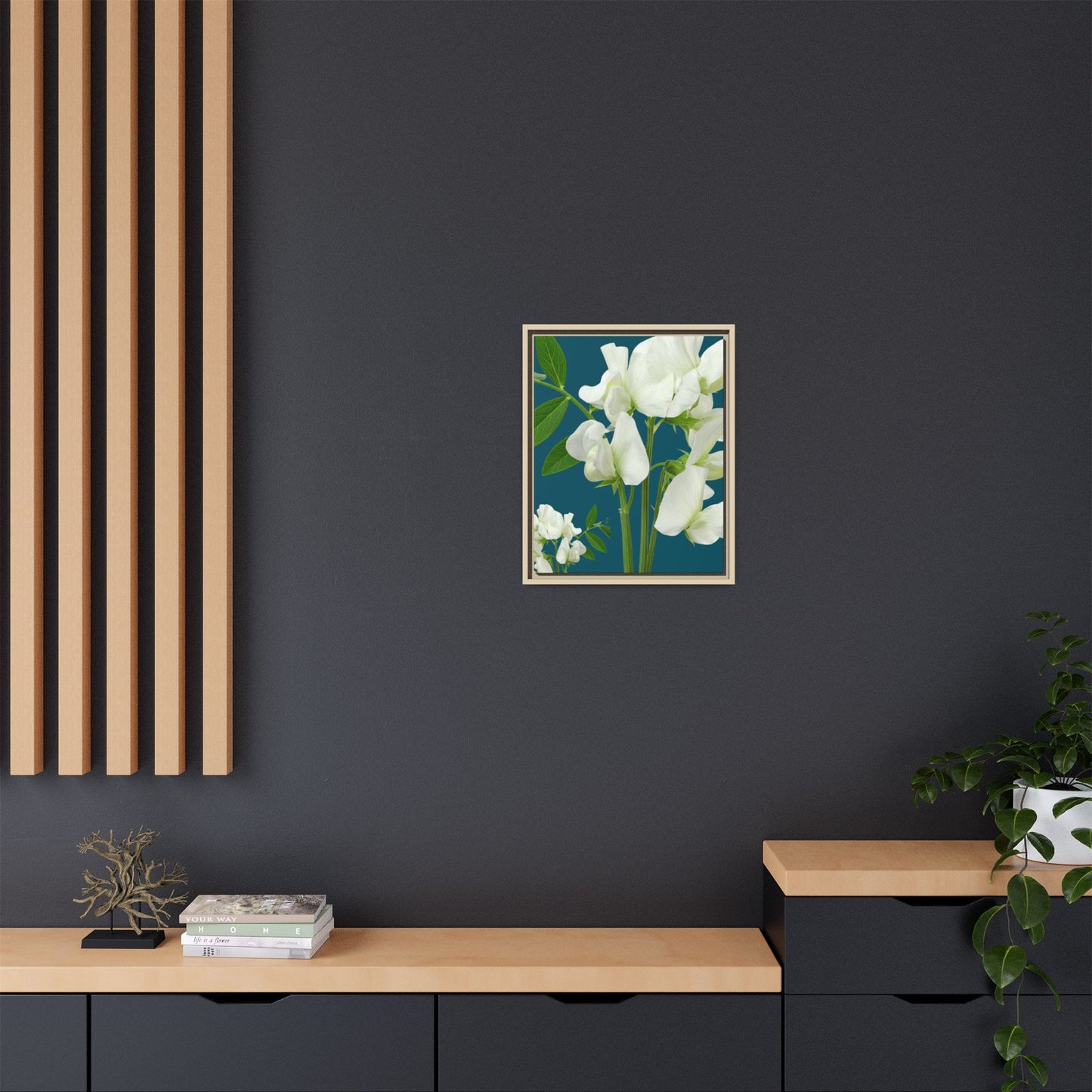 Teal Wave Matching Framed White Sweet Pea Floral Matte Canvas Print