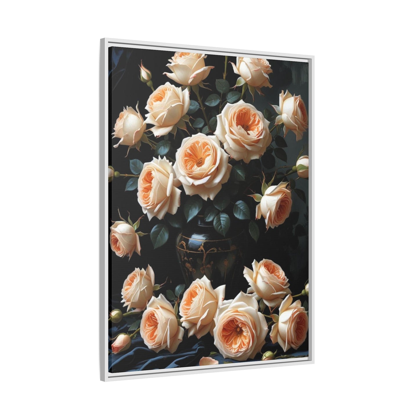 Peach Roses in Black Vase Floral Framed Matte Canvas Print