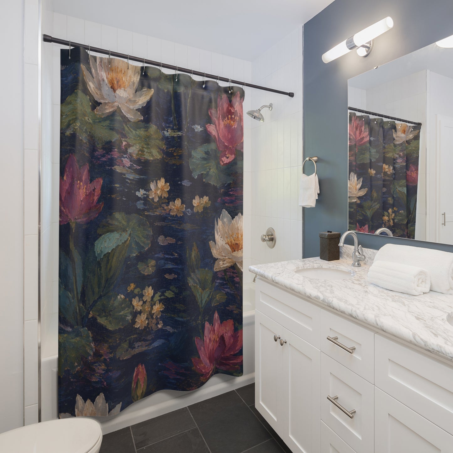 Dark Blue Lotus Pond Shower Curtain — Dark Botanical Bathroom Decor